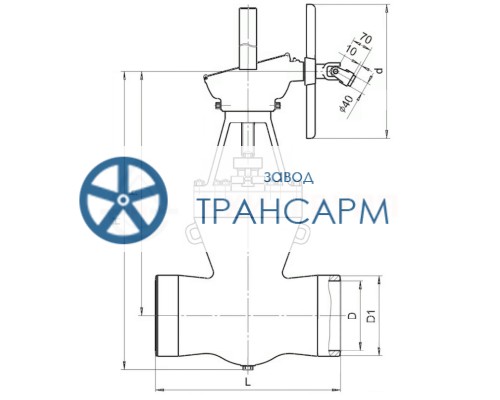 Задвижка запорная под приварку с коническим редуктором 2с-27-4Н DN 300 PN 6,3 МПа Т425 °С, корпус ст. 25Л Задвижка запорная под приварку с коническим редуктором 2с-27-4Н DN 300 PN 6,3 МПа Т425 °С, корпус ст. 25Л
