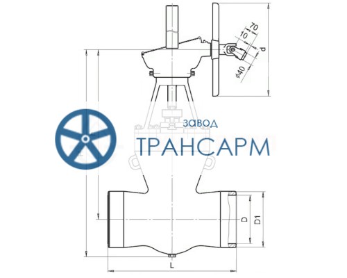 Задвижка запорная под приварку с коническим редуктором 2с-27-5Н DN 350 PN 6,3 МПа Т425 °С, корпус ст. 25Л