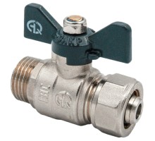 Кран шаровой AQUALINK НР-штуцер 1/2″x20 Ду20x1/2″ Ру10 неполнопроходной муфтовый со сгоном для МП труб, латунный, компрессионное/наружная резьба, управление ручка-бабочка