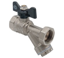 Кран шаровой AQUALINK 1/2″ Ду15 Ру35 с косым фильтром стандартнопроходной муфтовый со сгоном, латунный, внутренняя/внутренняя резьба, управление ручка-бабочка