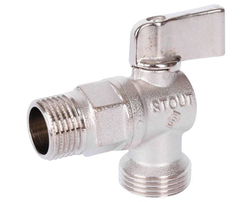 Кран шаровой STOUT SVB-0059 1/2″х3/4″ Ду15x20 Ру10 стандартнопроходной муфтовый угловой для бытовой техники, латунный, внутренняя/наружная резьба, управление ручка-флажок Кран шаровой STOUT SVB-0059 1/2″х3/4″ Ду15x20 Ру10 стандартнопроходной муфтовый угловой для бытовой техники, латунный, внутренняя/наружная резьба, управление ручка-флажок