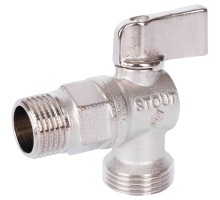 Кран шаровой STOUT SVB-0059 1/2″ Ду15 Ру10 стандартнопроходной муфтовый угловой для бытовой техники, латунный, внутренняя/наружная резьба, управление ручка-флажок