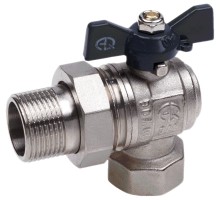 Кран шаровой AQUALINK 3/4″ Ду20 Ру35 полнопроходной муфтовый угловой со сгоном, латунный, внутренняя/наружная резьба, управление ручка-бабочка