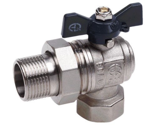 Кран шаровой AQUALINK 3/4″ Ду20 Ру35 полнопроходной муфтовый угловой со сгоном, латунный, внутренняя/наружная резьба, управление ручка-бабочка Кран шаровой AQUALINK 3/4″ Ду20 Ру35 полнопроходной муфтовый угловой со сгоном, латунный, внутренняя/наружная резьба, управление ручка-бабочка