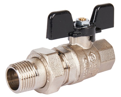 Кран шаровой STOUT SVB-0007 1/2″ Ду15 Ру50 полнопроходной муфтовый с американкой, латунный, внутренняя/наружная резьба, управление ручка-бабочка