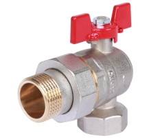 Кран шаровой ROMMER RBV-0006 1″ Ду25 Ру40 полнопроходной муфтовый угловой, латунный, внутренняя резьба/американка, управление ручка-бабочка