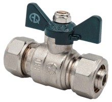 Кран шаровой AQUALINK Ц-Ц Ду16x16 Ру10 неполнопроходной муфтовый со сгоном для МП труб, латунный, компрессионное/компрессионное, управление ручка-бабочка
