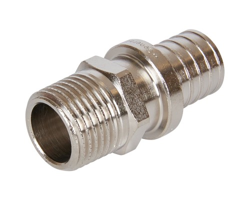 Переход аксиальный STOUT SFA-0001 Дн20х2.0x1/2″ Ру25 для труб из сшитого полиэтилена с наружной резьбой, корпус - латунь, покрытие - никель Переход аксиальный STOUT SFA-0001 Дн20х2.0x1/2″ Ру25 для труб из сшитого полиэтилена с наружной резьбой, корпус - латунь, покрытие - никель